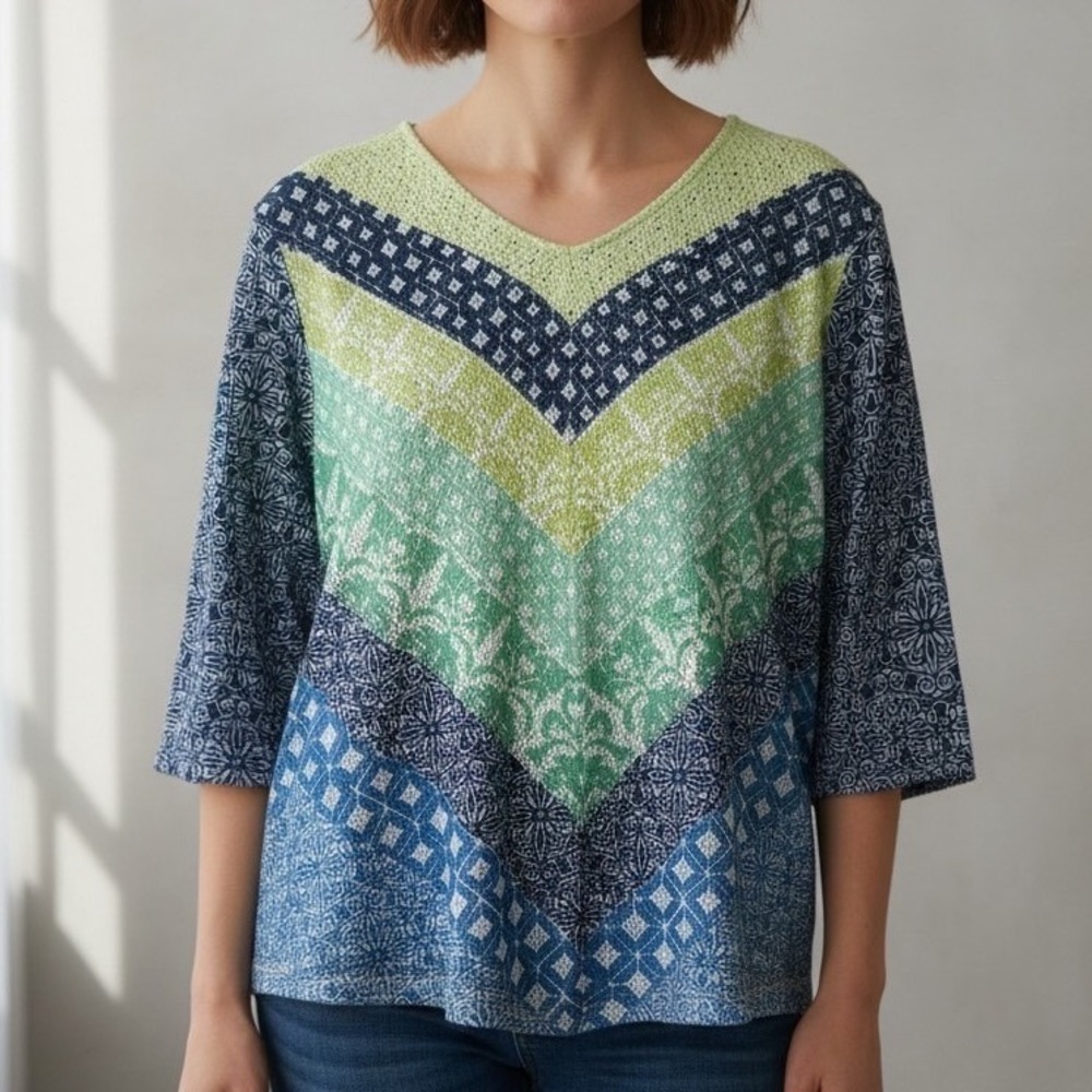 Alfred Dunner Women XL Blue Green Chevron Print Rhinestone V-Neck 3/4 Sleeve Top